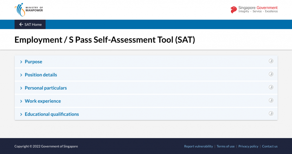 新加坡人力資源部線上自我評估工具 5 大項欄目 - Employment _ S Pass Self-Assessment Tool (SAT)