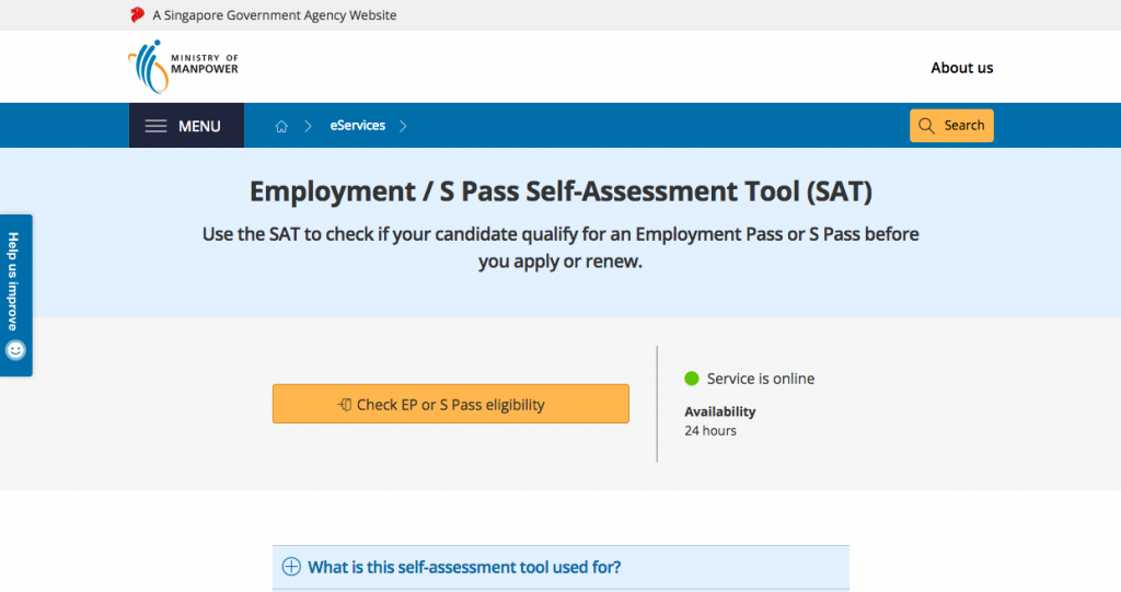 新加坡人力資源部線上自我評估工具首頁 - Employment _ S Pass Self-Assessment Tool (SAT)